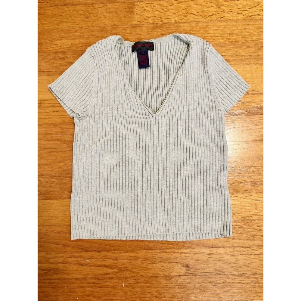 Vintage Ralph Lauren Gray Ribbed V Neck Short Sleeve Sweater Top S Cotton
